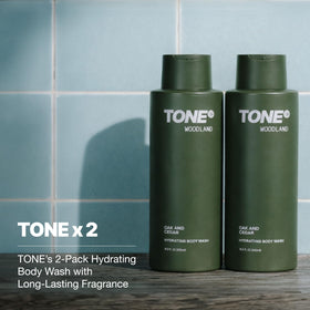 Tone Exclusive Woodland bottle-closeup reveals creamy lather and long-lasting scent.