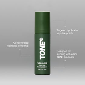 TONE Exclusive Woodland roll-on on neck and wrists for daily wear.