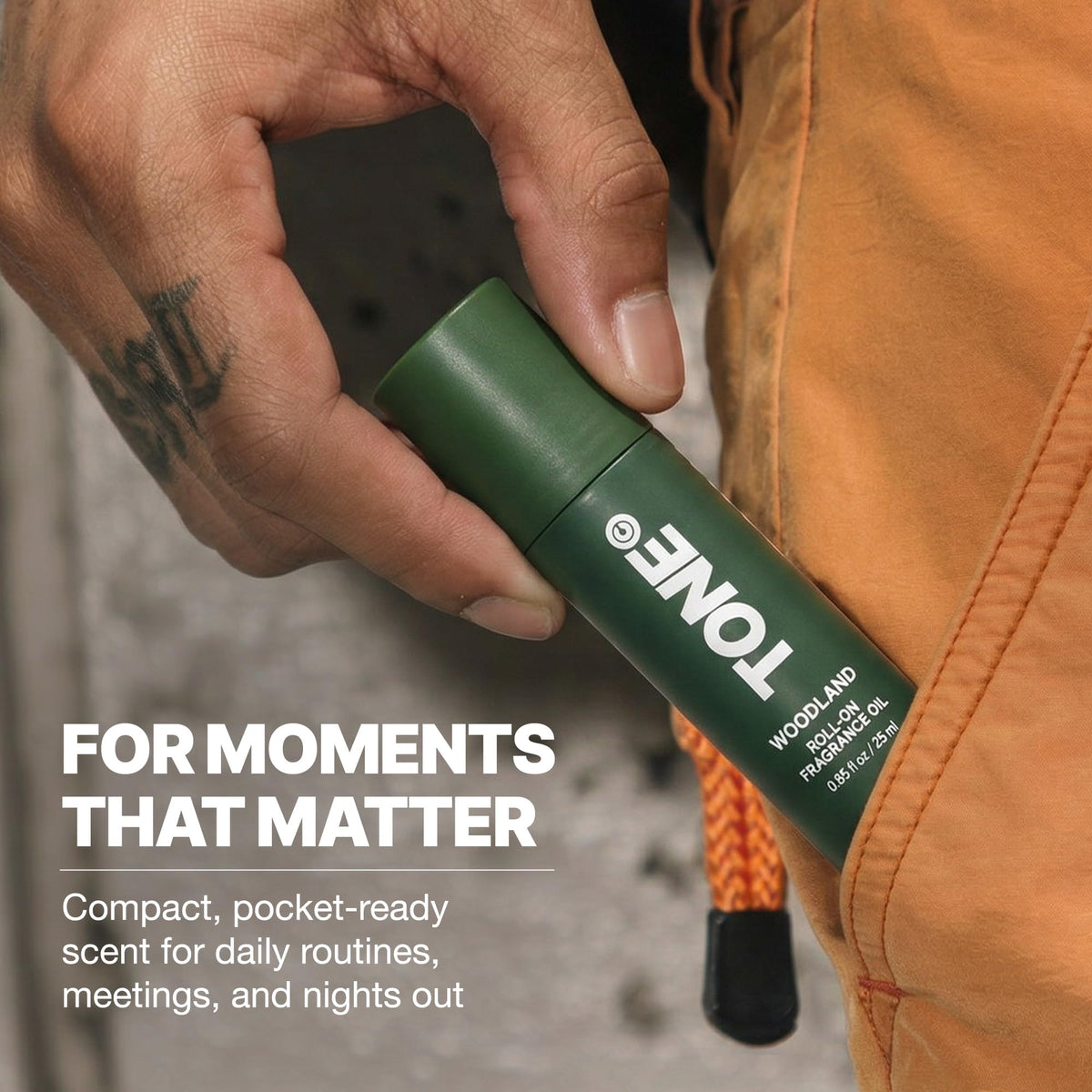 TONE Exclusive Woodland roll-on applied to pulse points for evolving scent.