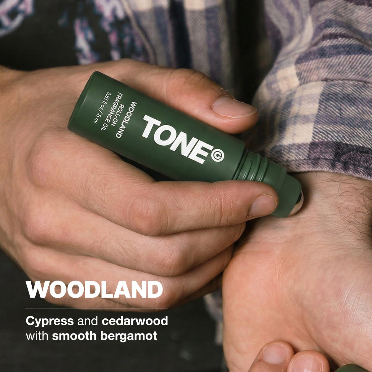 TONE Exclusive Woodland roll-on label highlights USA-made quality.