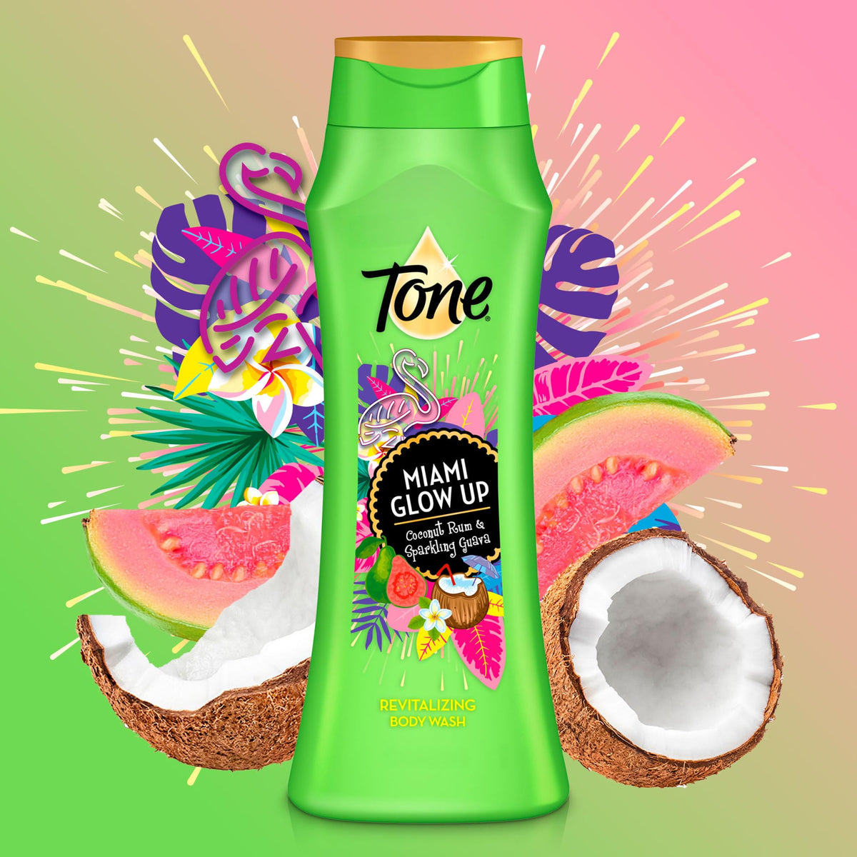 Tone Miami Glow Up fragrance splash awakens senses during daily wash.