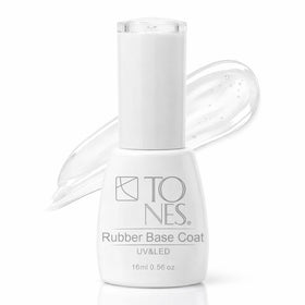 TONES Rubber Base Coat bottle pours, creating a strong foundation for long-lasting gel manicures.