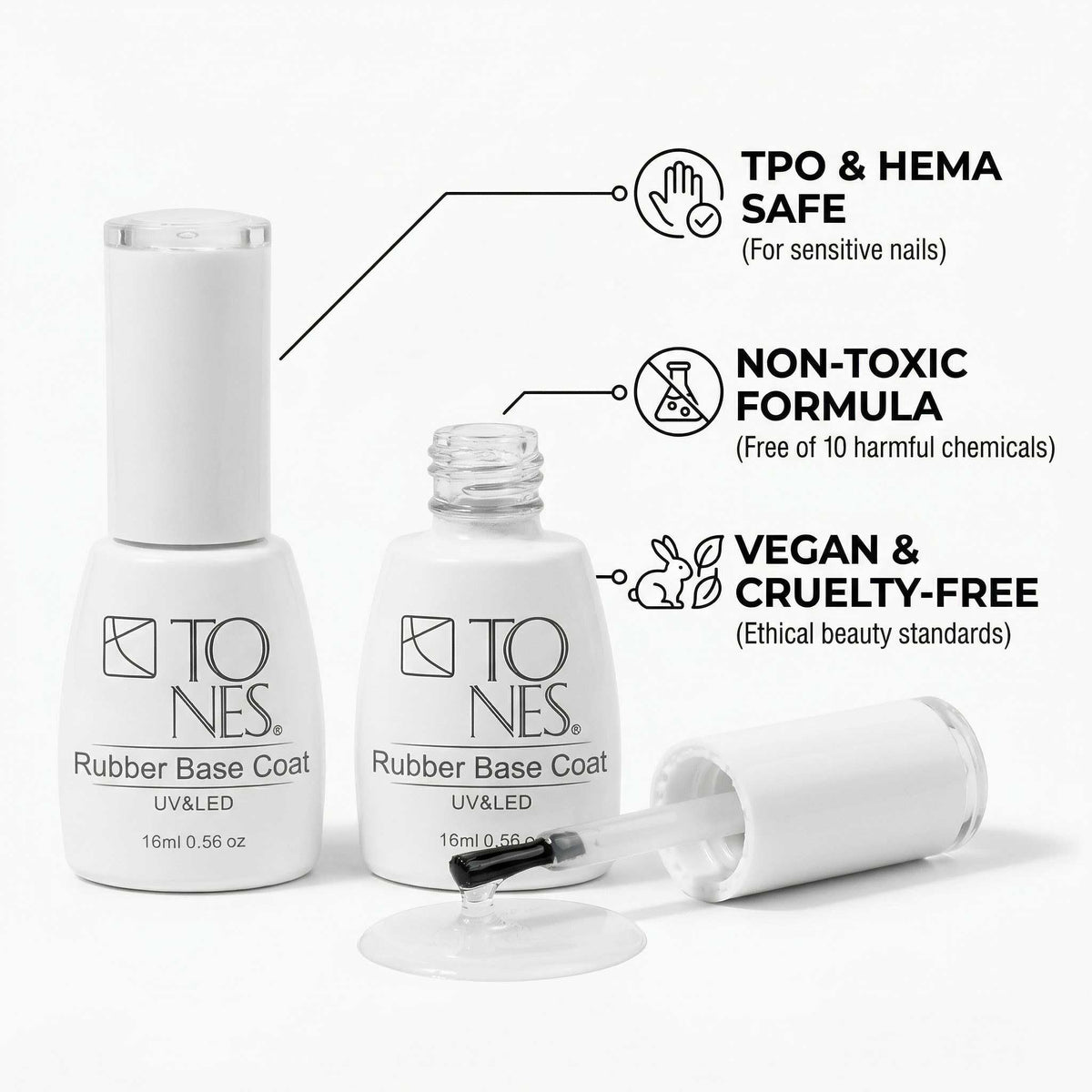 TONES Rubber Base Coat quickly cures under UV/LED lamps for fast color work.