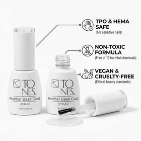 TONES Rubber Base Coat quickly cures under UV/LED lamps for fast color work.