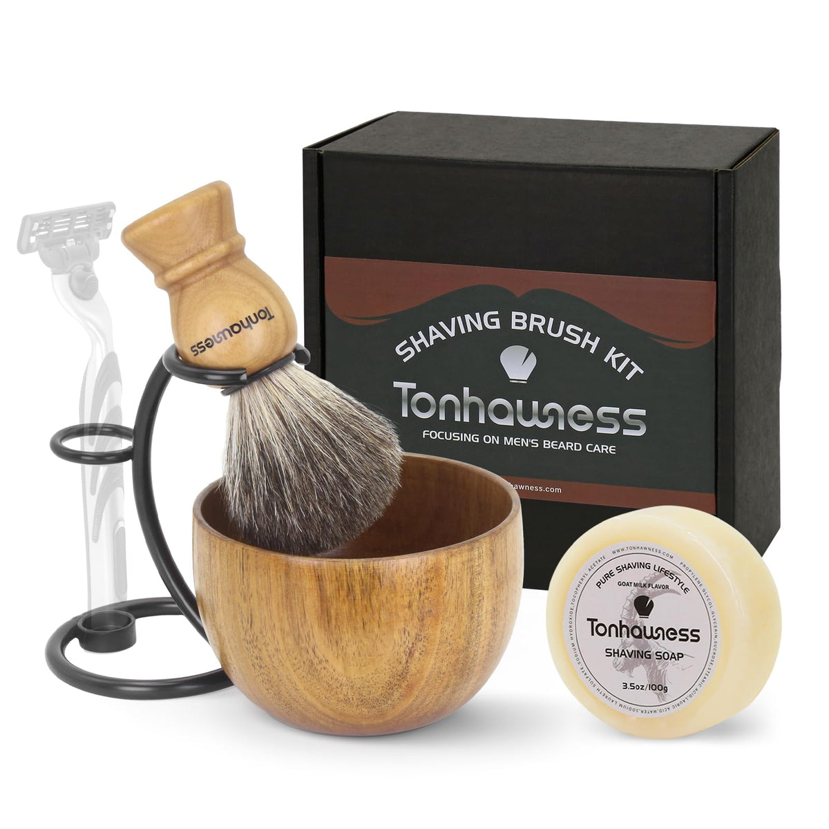 Tonhawness badger hair shaving brush close-up for rich lather and comfortable grip