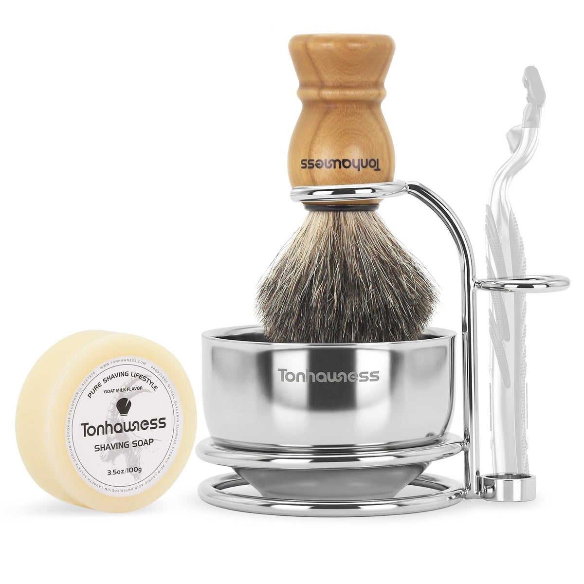 Tonhawness badger hair shaving brush with natural bristles for rich lather.