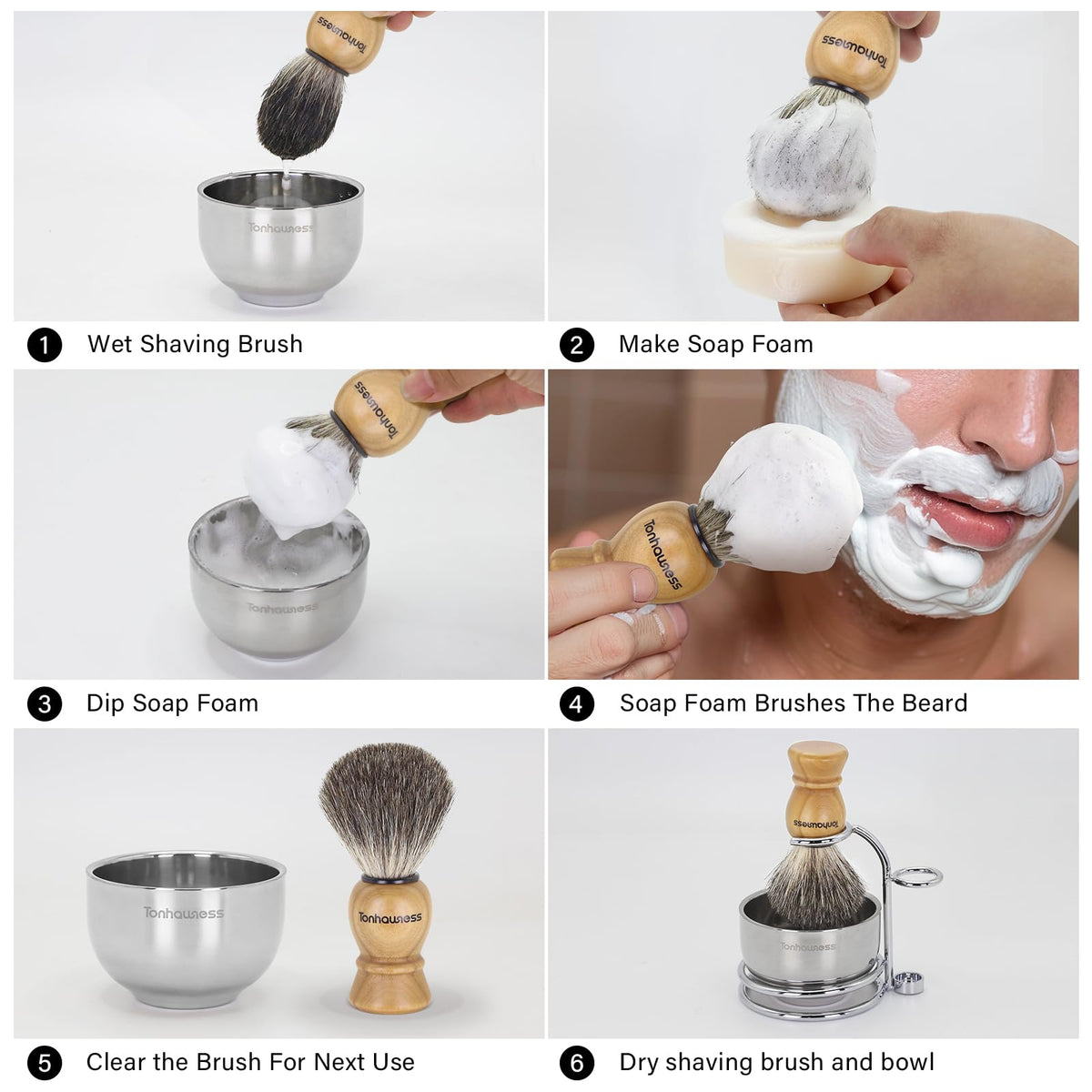 Tonhawness 3-layer shaving bowl provides generous lather space.
