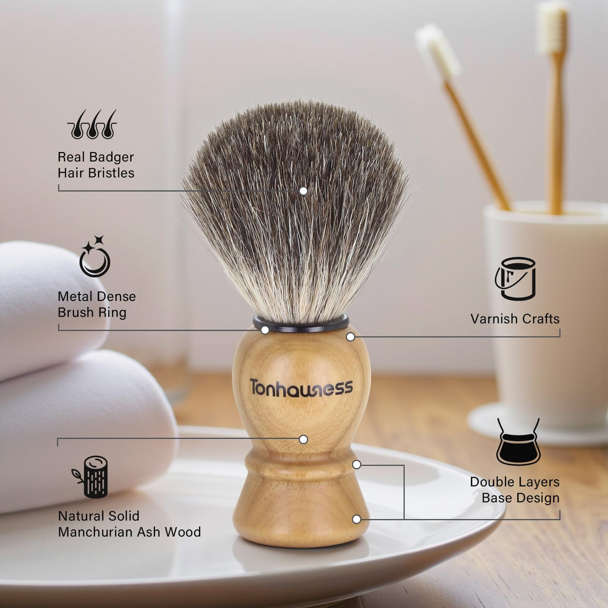 Tonhawness wood-handle shaving brush held in hand for ergonomic control