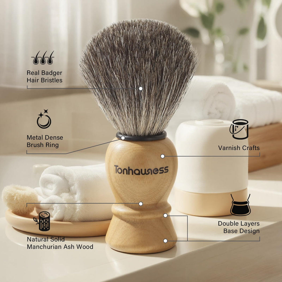 Tonhawness wooden-handle brush offers comfortable grip during daily shave.