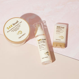 TONYMOLY 24K Snail Hydrating Serum Mist packaging with gold accents.