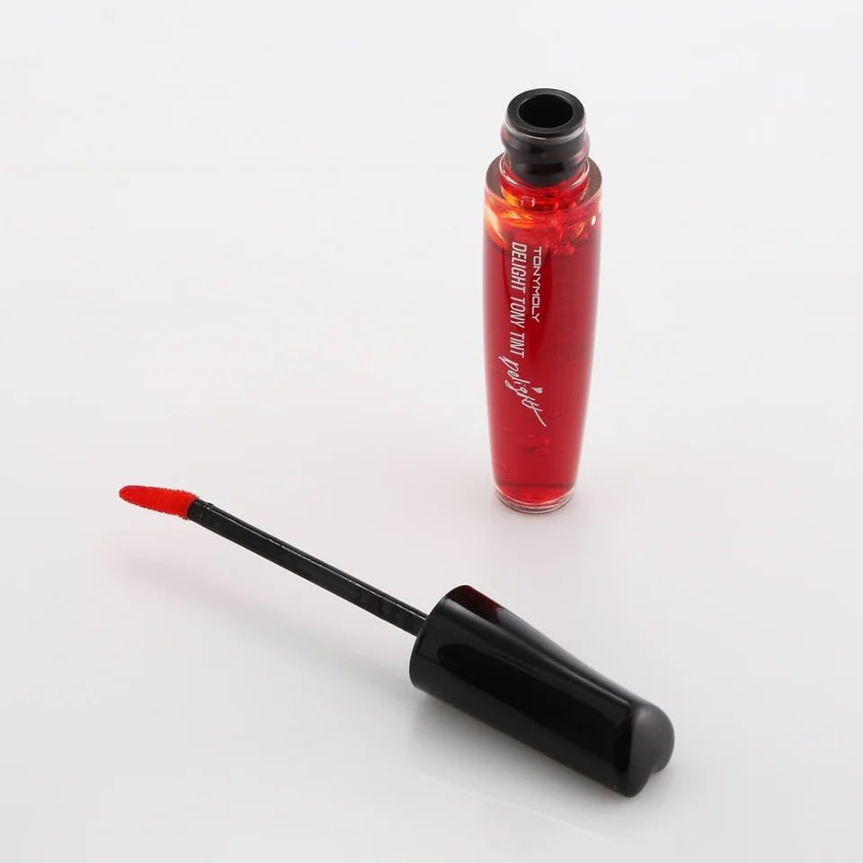 TONYMOLY Delight Tony Lip Tint ingredients infographic highlights rosehip, argan, jojoba for nourished lips.