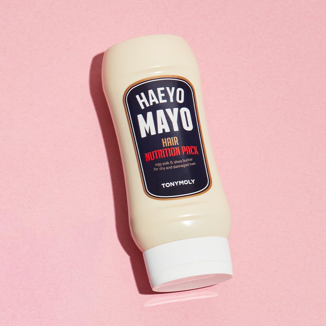 TONYMOLY Haeyo Mayo hair mask swirl application suggesting smoothing and frizz control.