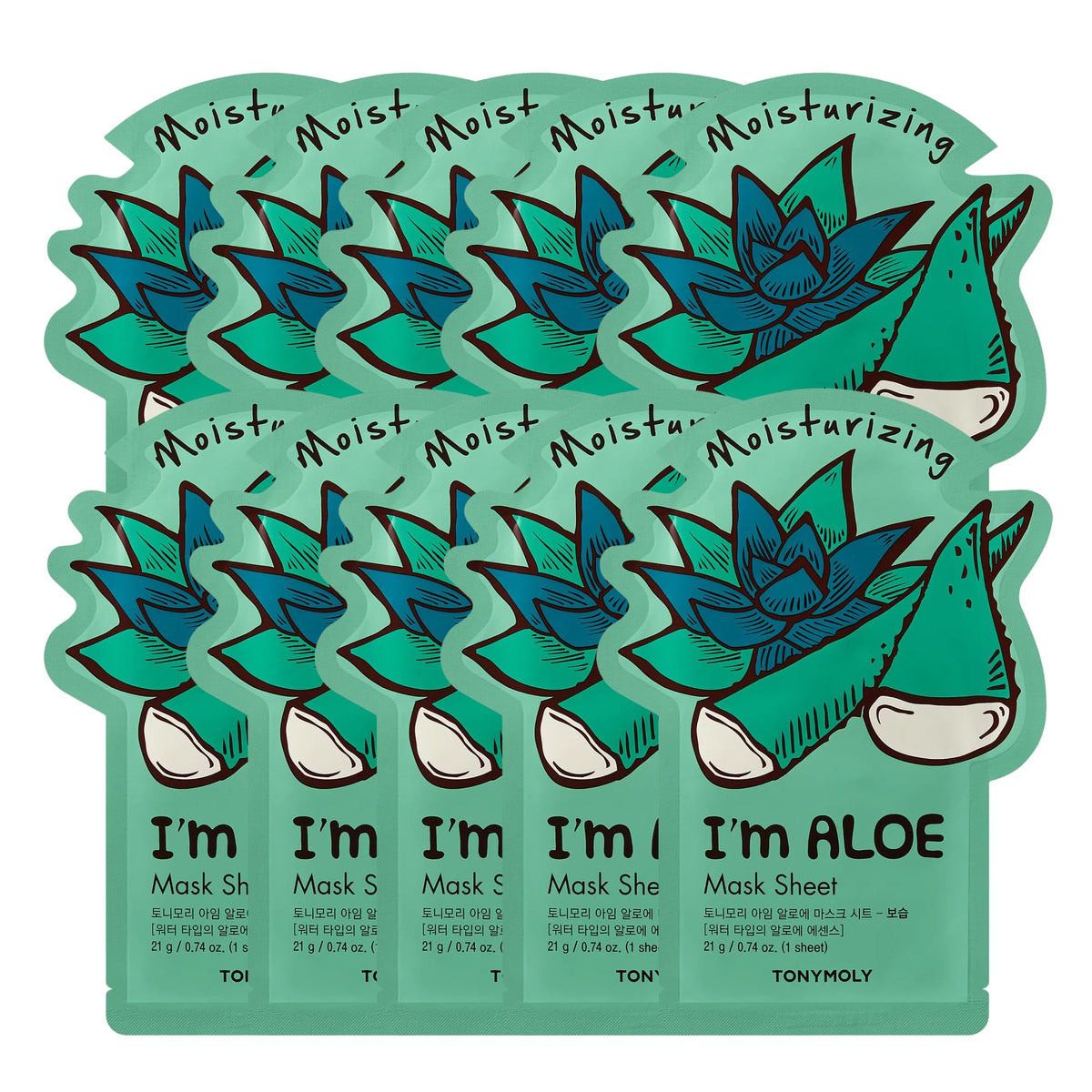 TONYMOLY I’m Aloe Sheet Mask 10-pack delivers daily hydration and soothing care.