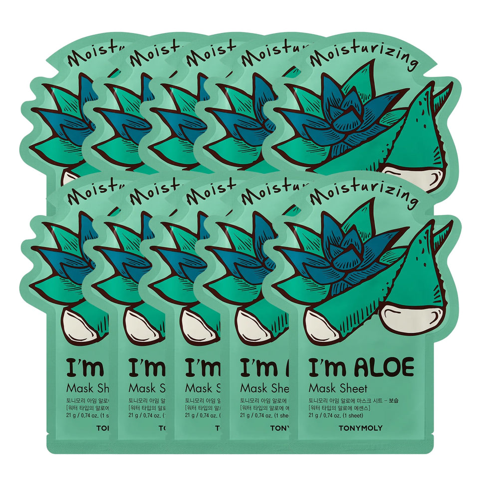 TONYMOLY I’m Aloe Sheet Mask 10-pack delivers daily hydration and soothing care.