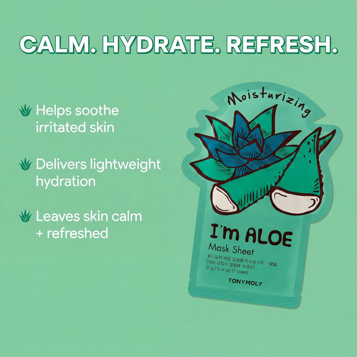 TONYMOLY I’m Aloe Sheet Mask-apply closeup showing soothing hydration on skin.