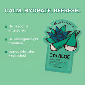 TONYMOLY I’m Aloe Sheet Mask-apply closeup showing soothing hydration on skin.