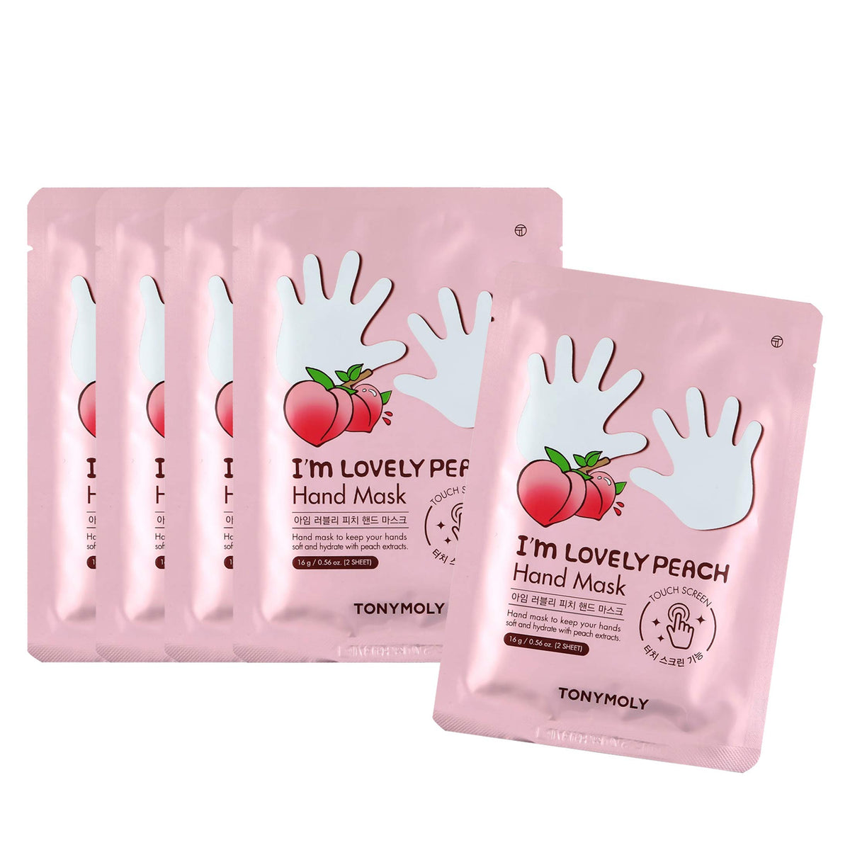 TONYMOLY I'm Lovely Peach Hand Mask packaging highlights a hydrating hand treatment