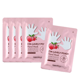 TONYMOLY I'm Lovely Peach Hand Mask packaging highlights a hydrating hand treatment
