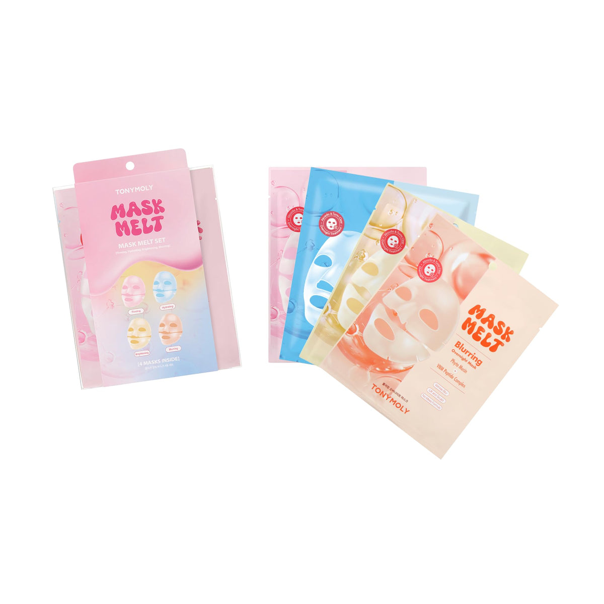 TONYMOLY Mask Melt assorted hydrogel overnight pack for hydration and glow.