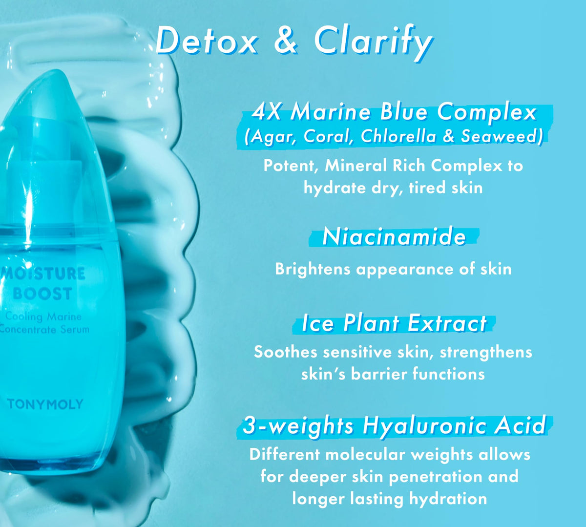 TONYMOLY Moisture Boost serum-packaging highlights fragrance-free formula.