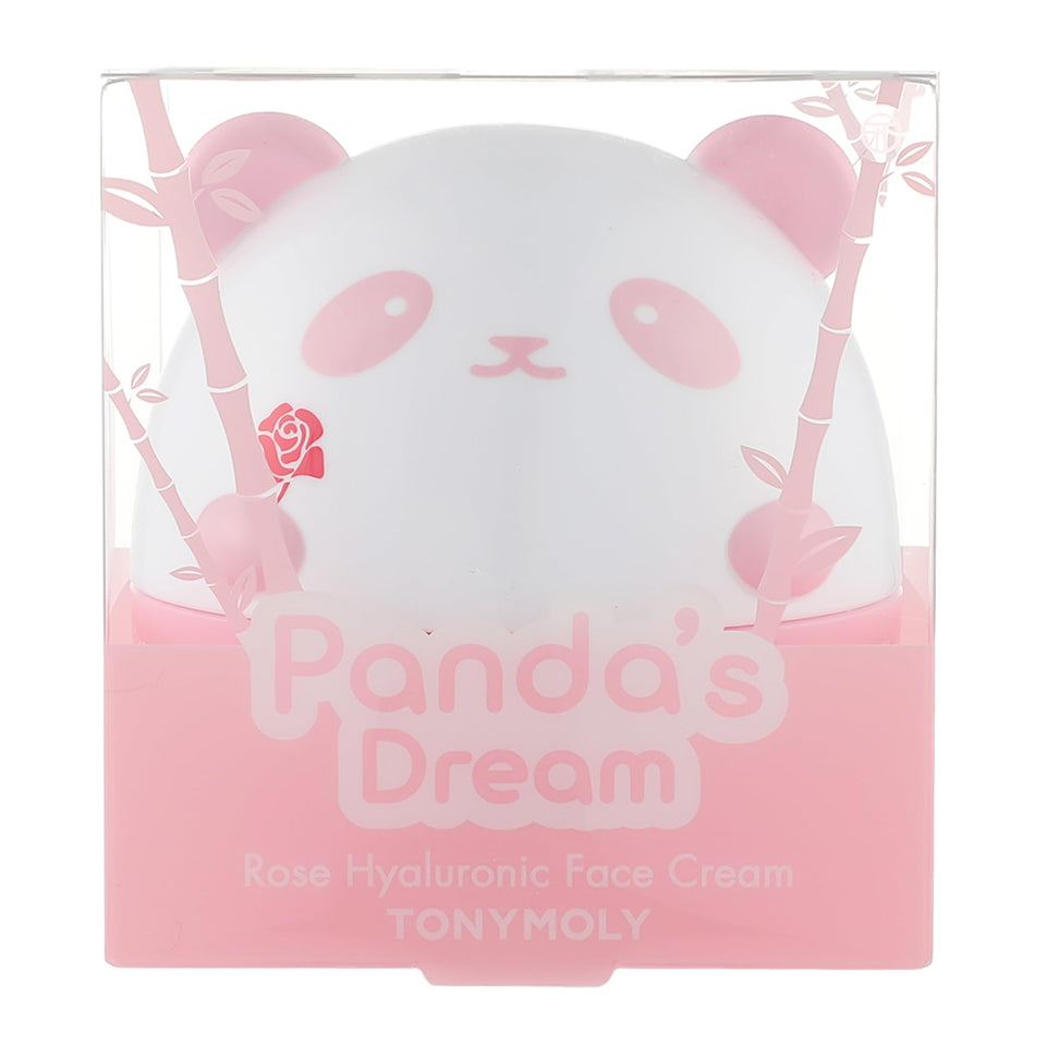 TONYMOLY Panda's Dream Rose Hyaluronic Face Cream jar provides lightweight hydration and soothing rose aroma.