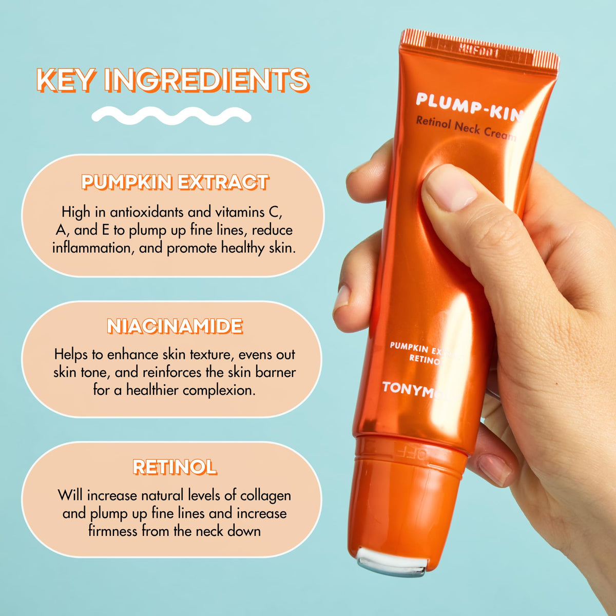 TONYMOLY Plump-Kin Neck Cream Bottle with roller for at-home spa use.