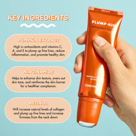 TONYMOLY Plump-Kin Neck Cream Bottle with roller for at-home spa use.
