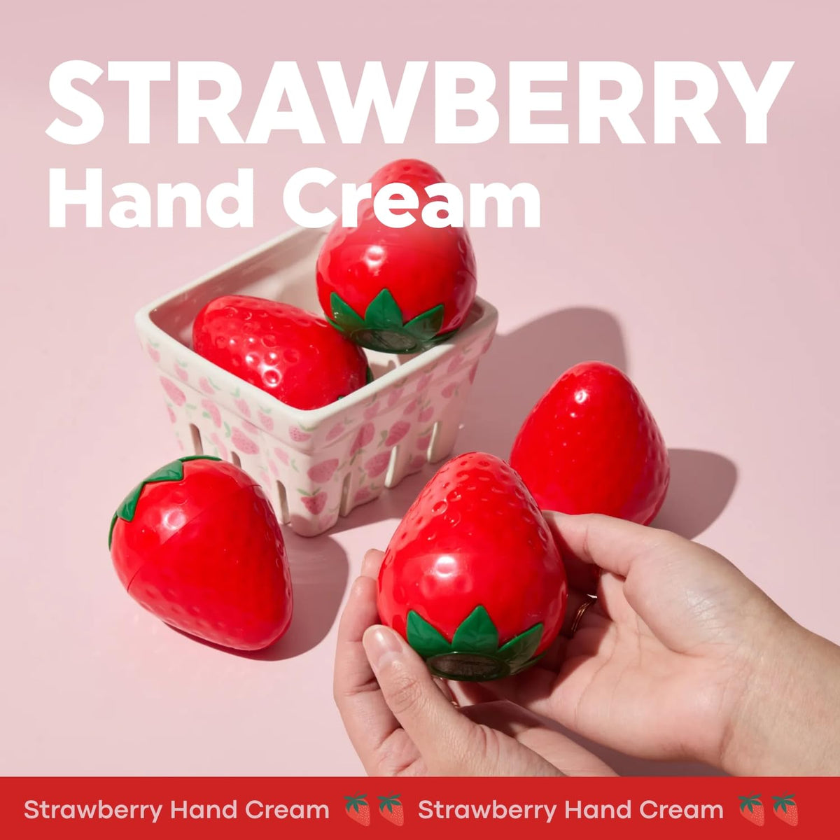 TONYMOLY Strawberry Hand Cream application on hands delivering quick absorption and non-greasy feel.