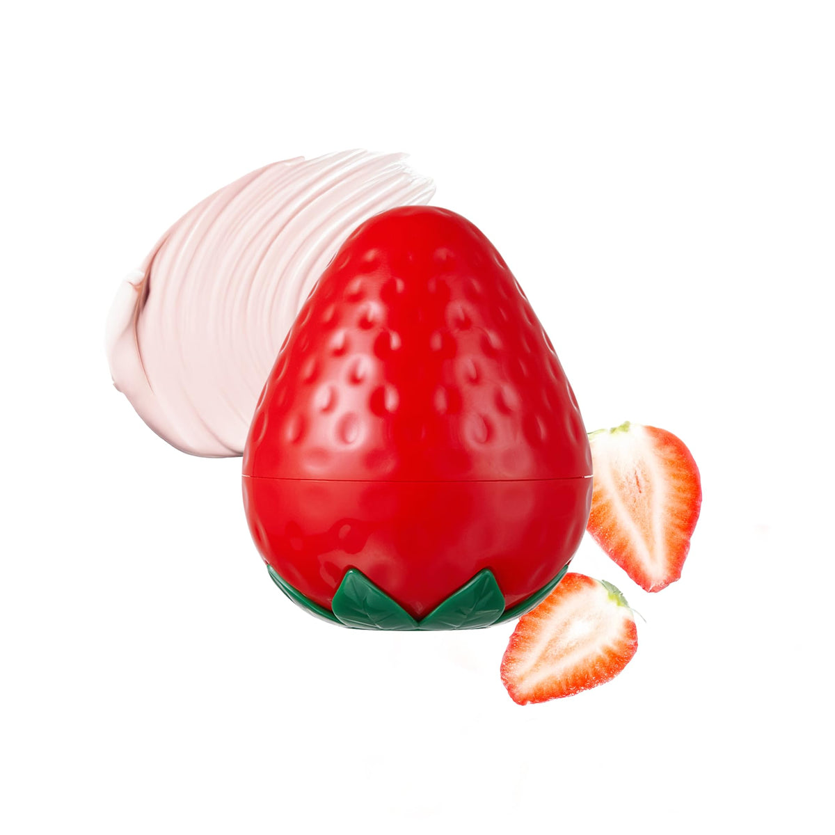 TONYMOLY Strawberry Hand Cream jar closeup highlighting rich hydration for dry hands.