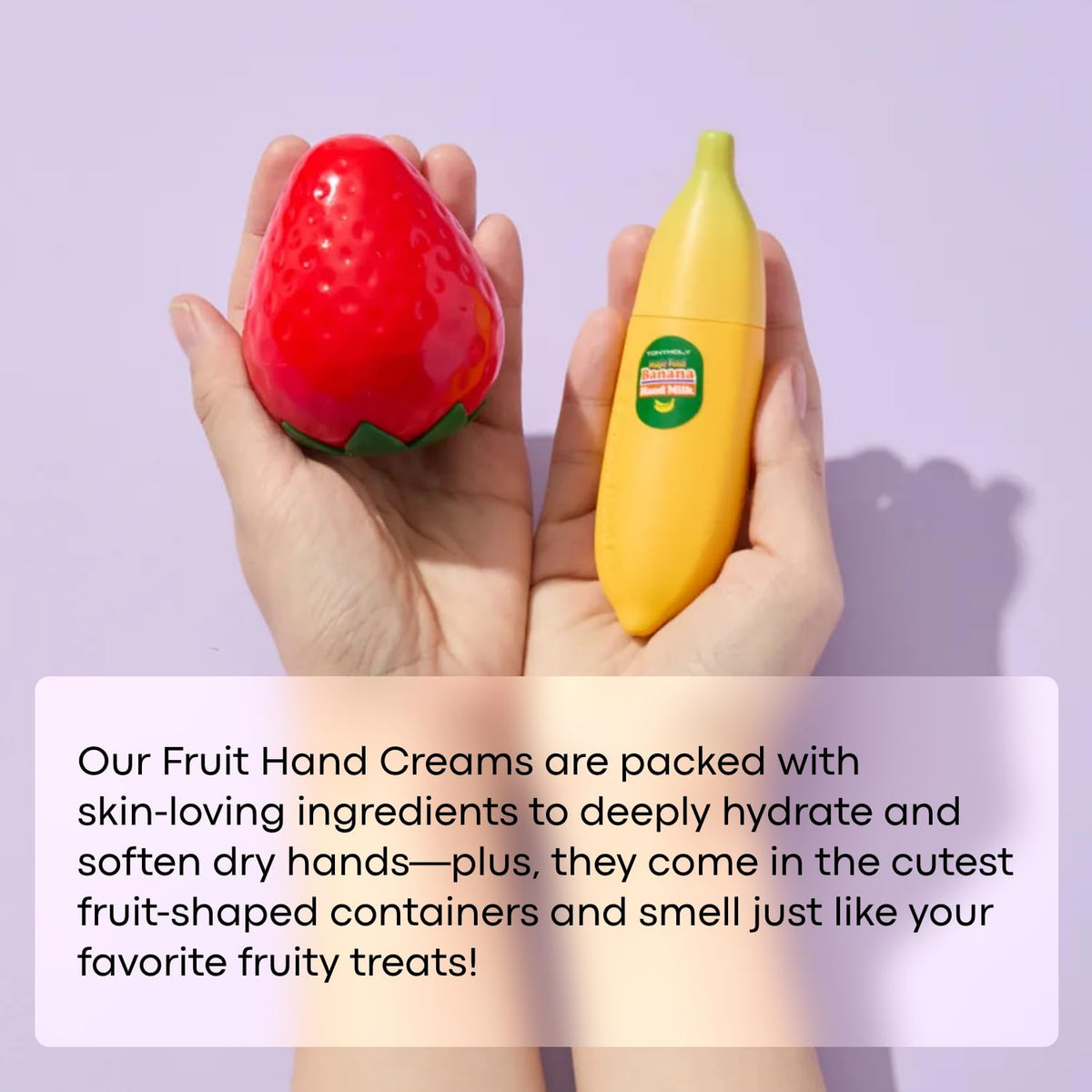 TONYMOLY Strawberry Hand Cream packaging and label emphasizing clean ingredients.