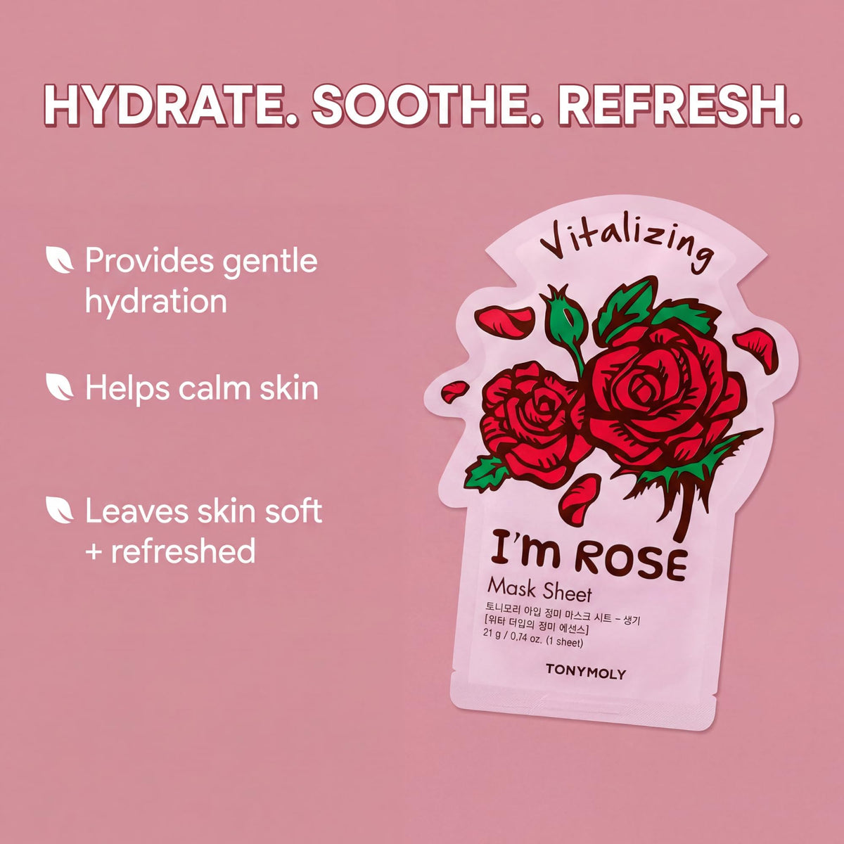 TONYMOLY Sweetheart Rose mask close-up soothing formula on skin.