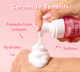 TONYMOLY Wonder Ceramide Mochi cleanser packaging highlights ceramides and cica for barrier support.