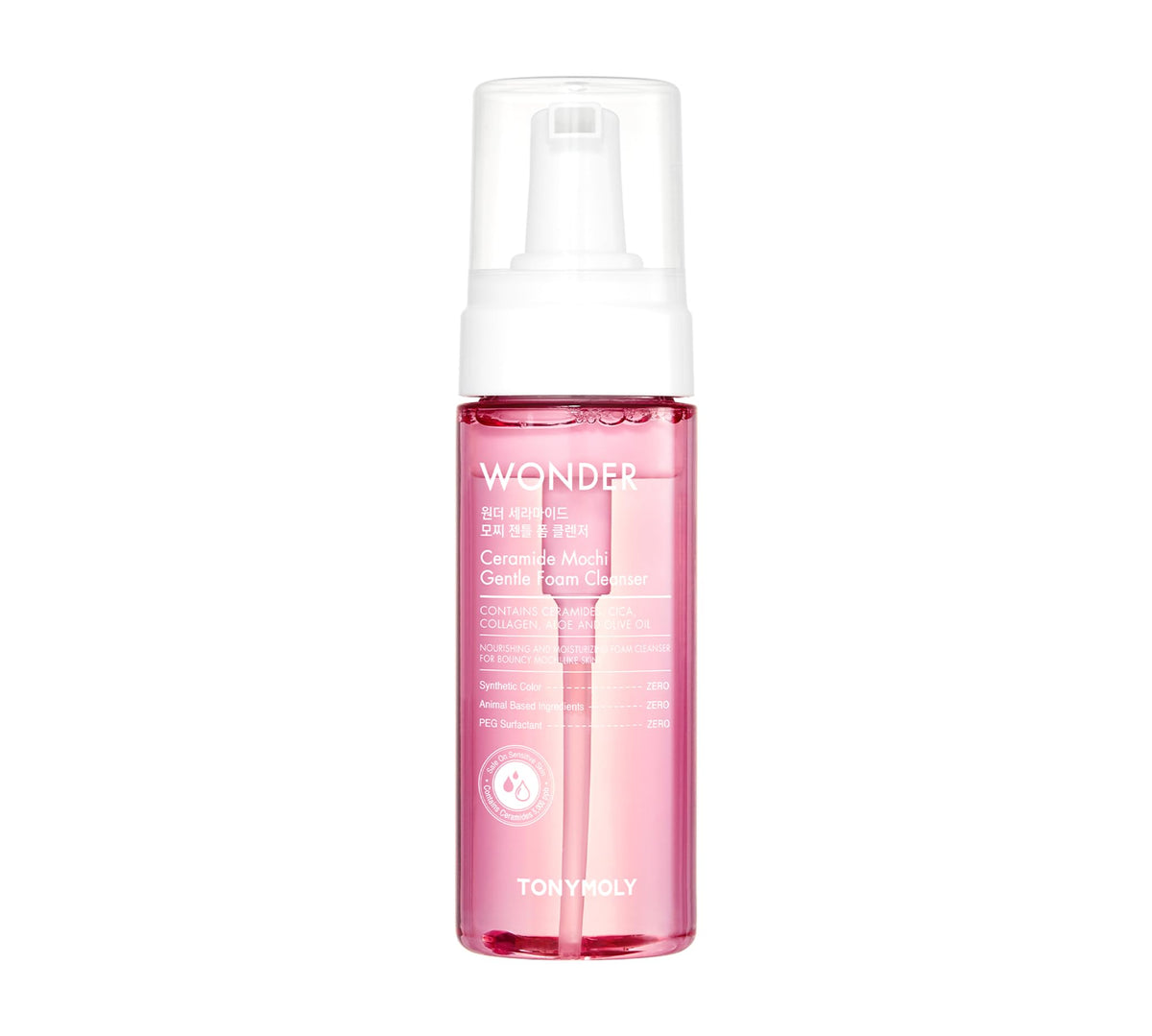 TONYMOLY Wonder Ceramide Mochi cleanser bottle with gentle, hydrating formula for sensitive skin.