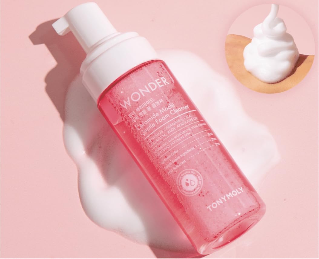 TONYMOLY Wonder Ceramide Mochi foam close-up showing airy texture for daily cleansing.