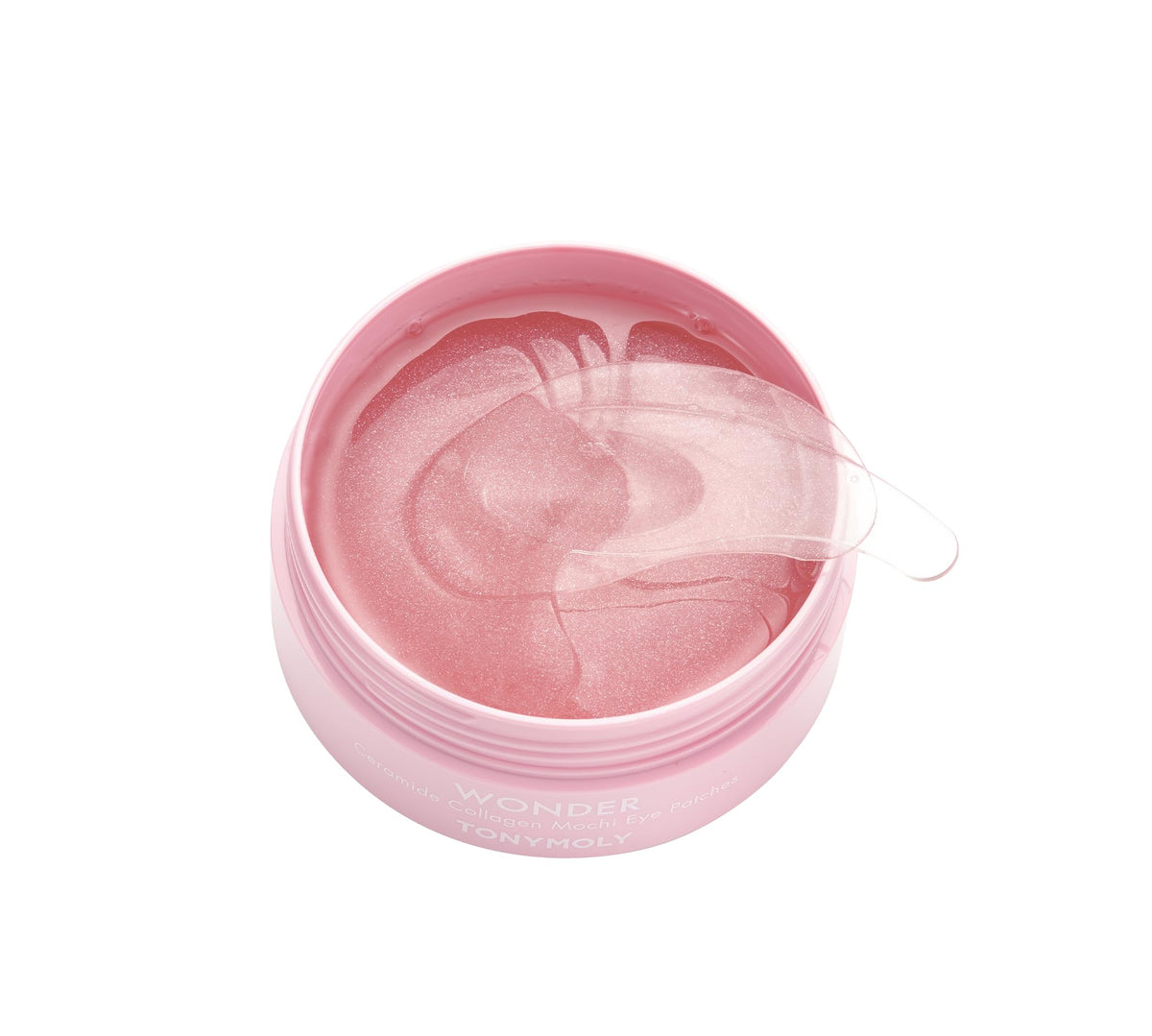 TONYMOLY Wonder Ceramide Mochi patches applied under eye for plump hydration.
