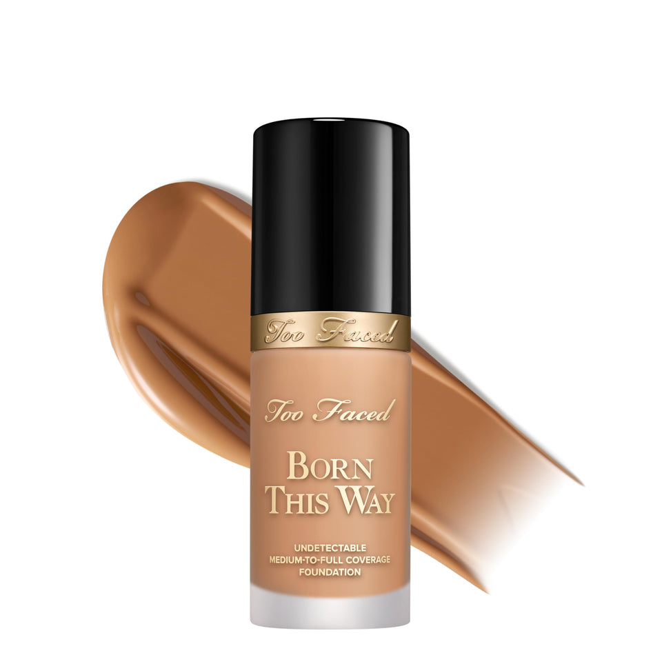Too Faced Born This Way bottle closeup showcasing natural finish and hydrating glow.