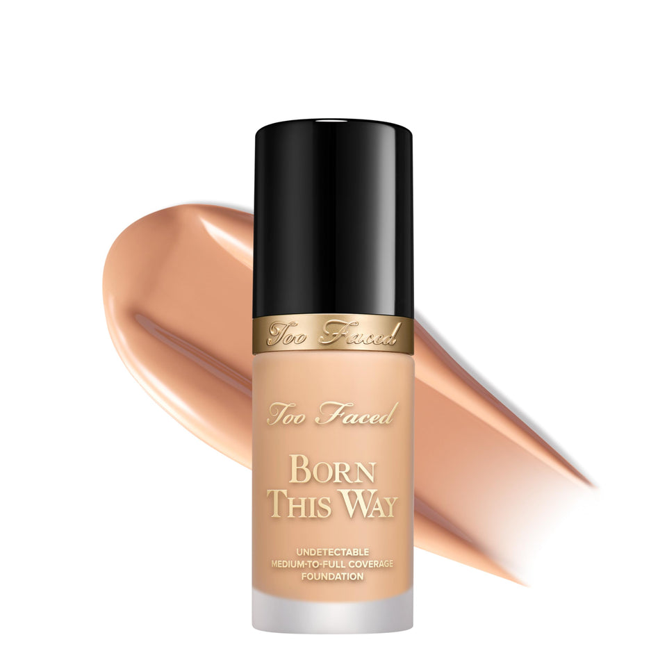 Too Faced Born This Way bottle close-up for a seamless skin-like look.
