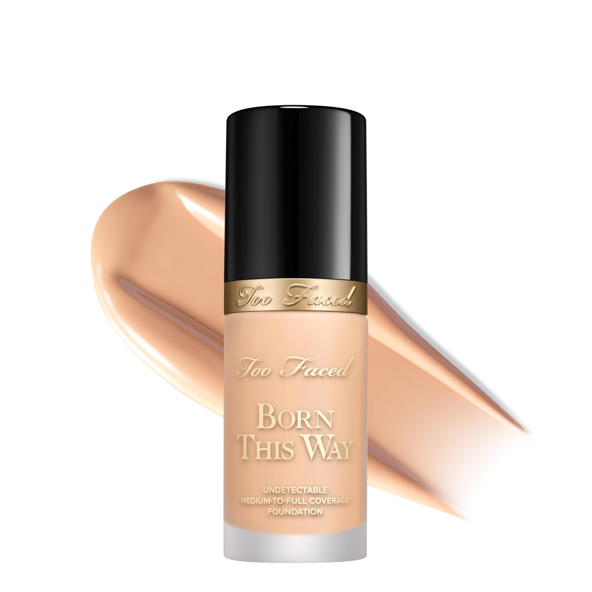 Too Faced Born This Way bottle close-up showing natural finish and hydration.