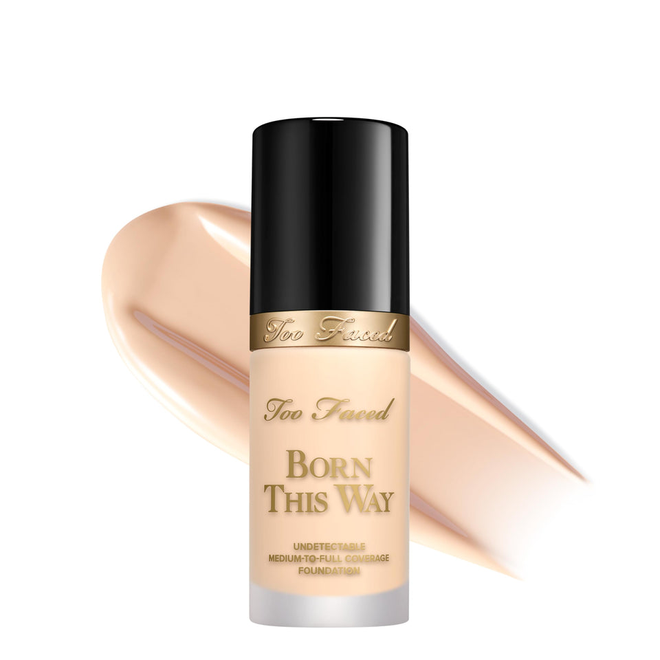 Too Faced Born This Way bottle with pump showing long-wearing, hydrating finish.