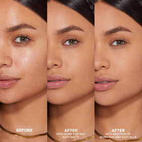 Applying Too Faced Born This Way Soft Blur Powder with a brush for quick touch-ups