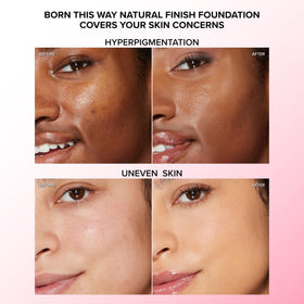Too Faced Born This Way texture closeup highlighting crease-proof, non-caking formula.