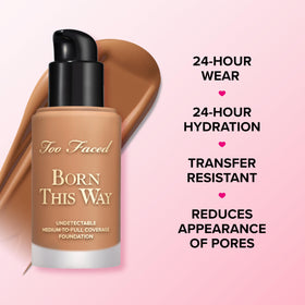 Too Faced Born This Way transfer-resistant finish on skin.