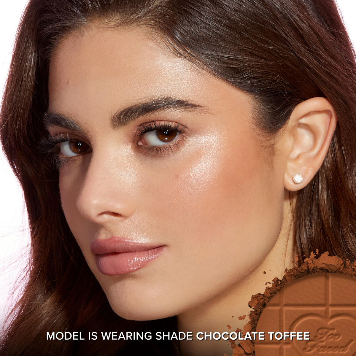 Too Faced Chocolate Soleil bronzer brushed on for easy placement and blending