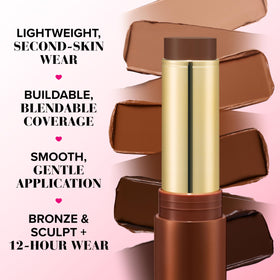 Too Faced Chocolate Soleil stick swirled on cheekbone for subtle sculpt and sun-kissed glow