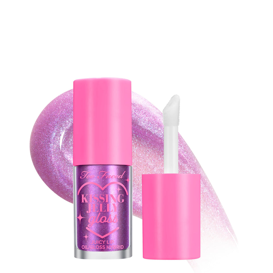 Too Faced Kissing Jelly Lip Oil bottle showcasing sleek design for on-the-go moisture