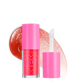 Too Faced Kissing Jelly Lip Oil Gloss application shows instant moisture and shine on lips