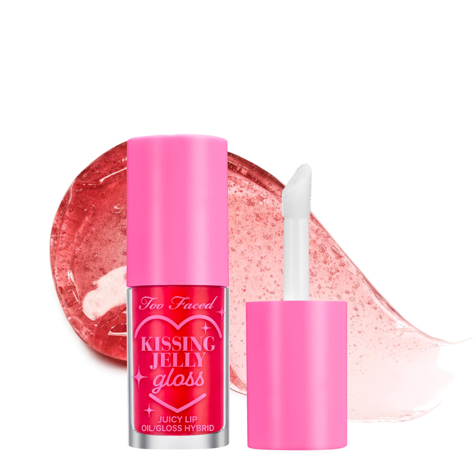 Too Faced Kissing Jelly Lip Oil Gloss swatch in cherry pie shade with shine