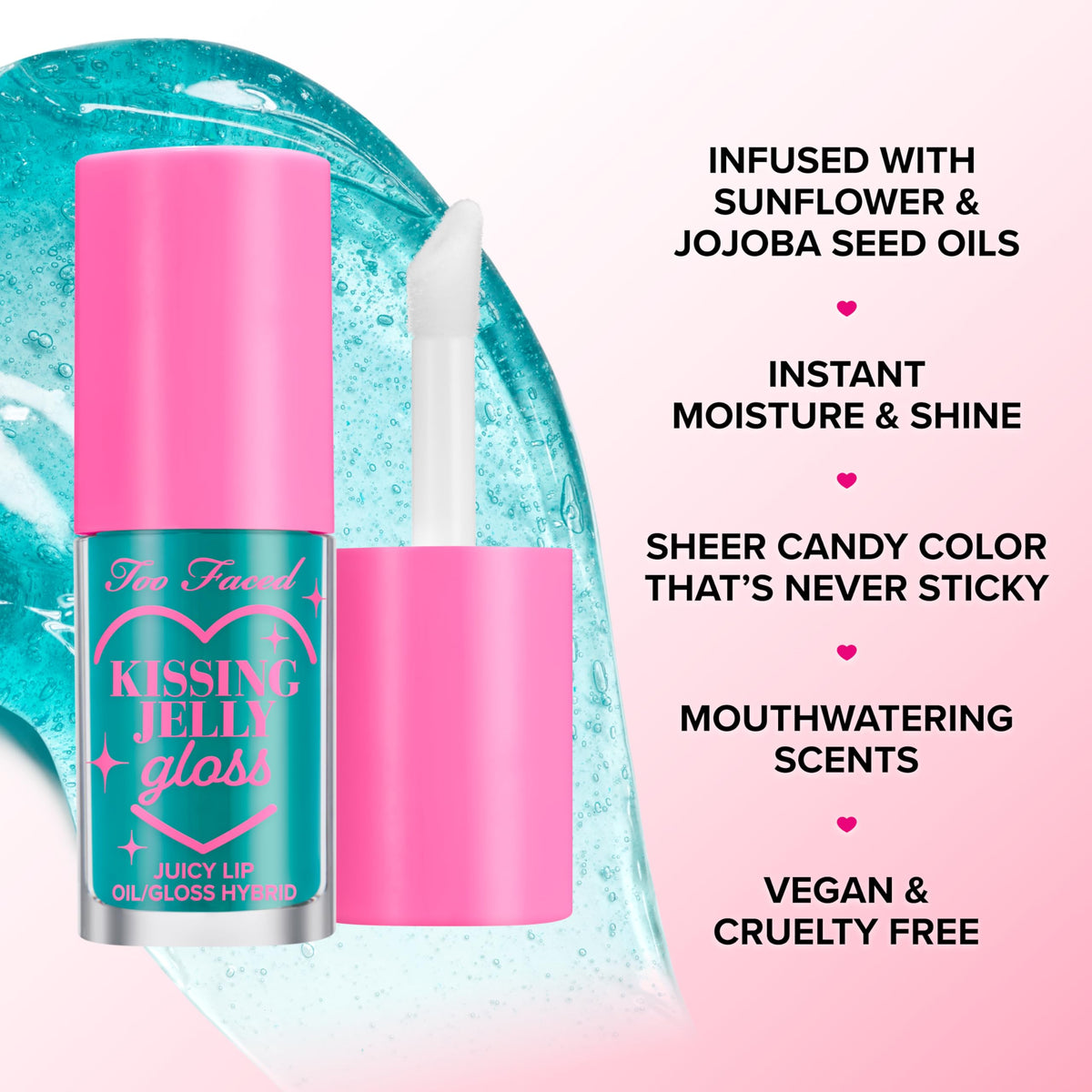 Too Faced Kissing Jelly Lip Oil Gloss packaging and wand in display