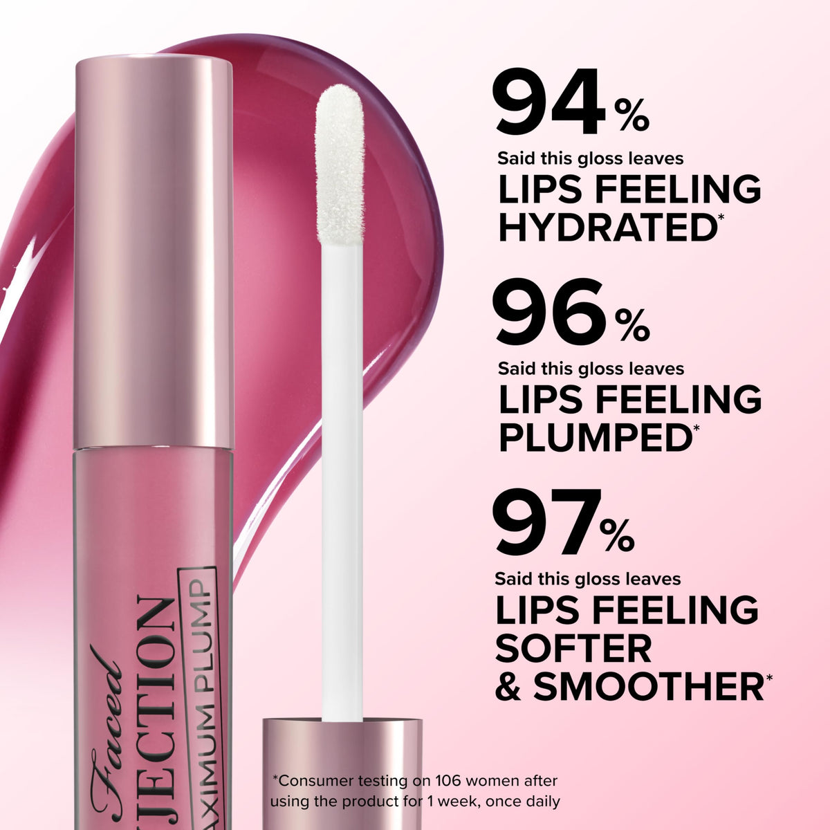 Too Faced Lip Injection gloss on lips showing shiny finish