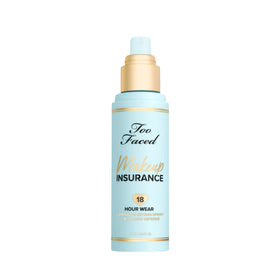 Too Faced Makeup Insurance bottle on vanity conveys vacation-like freshness